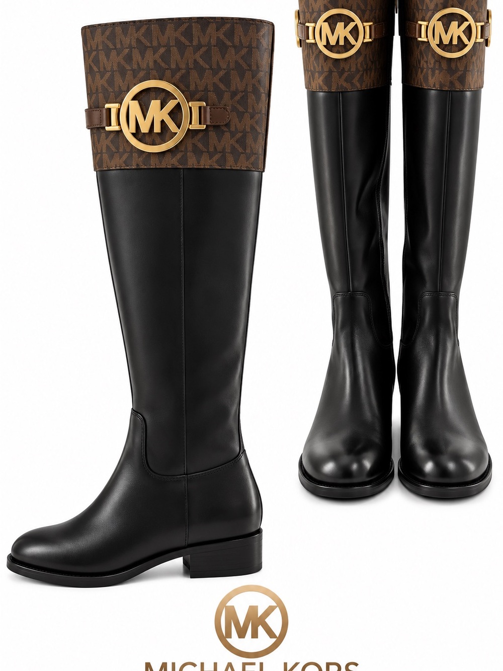Michael Kors Black and Brown Logo Tall Riding Boots